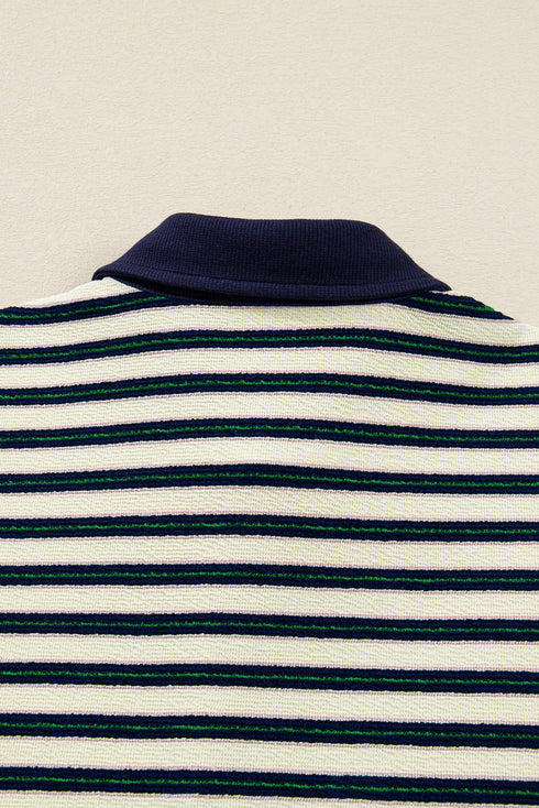 Striped Contrast Collar Quarter Zip Polo Long Sleeve Top
